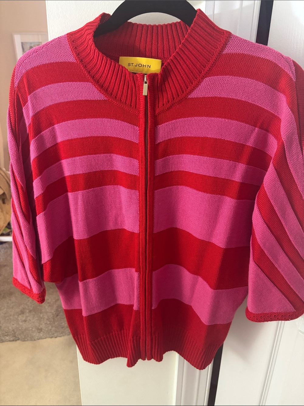 St. John Red and Pink Striped Zip Cardigan